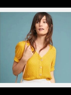 Maeve Size 8 White Polka Dot Button-up Short Sleeve Blouse Summer Fun Versatile